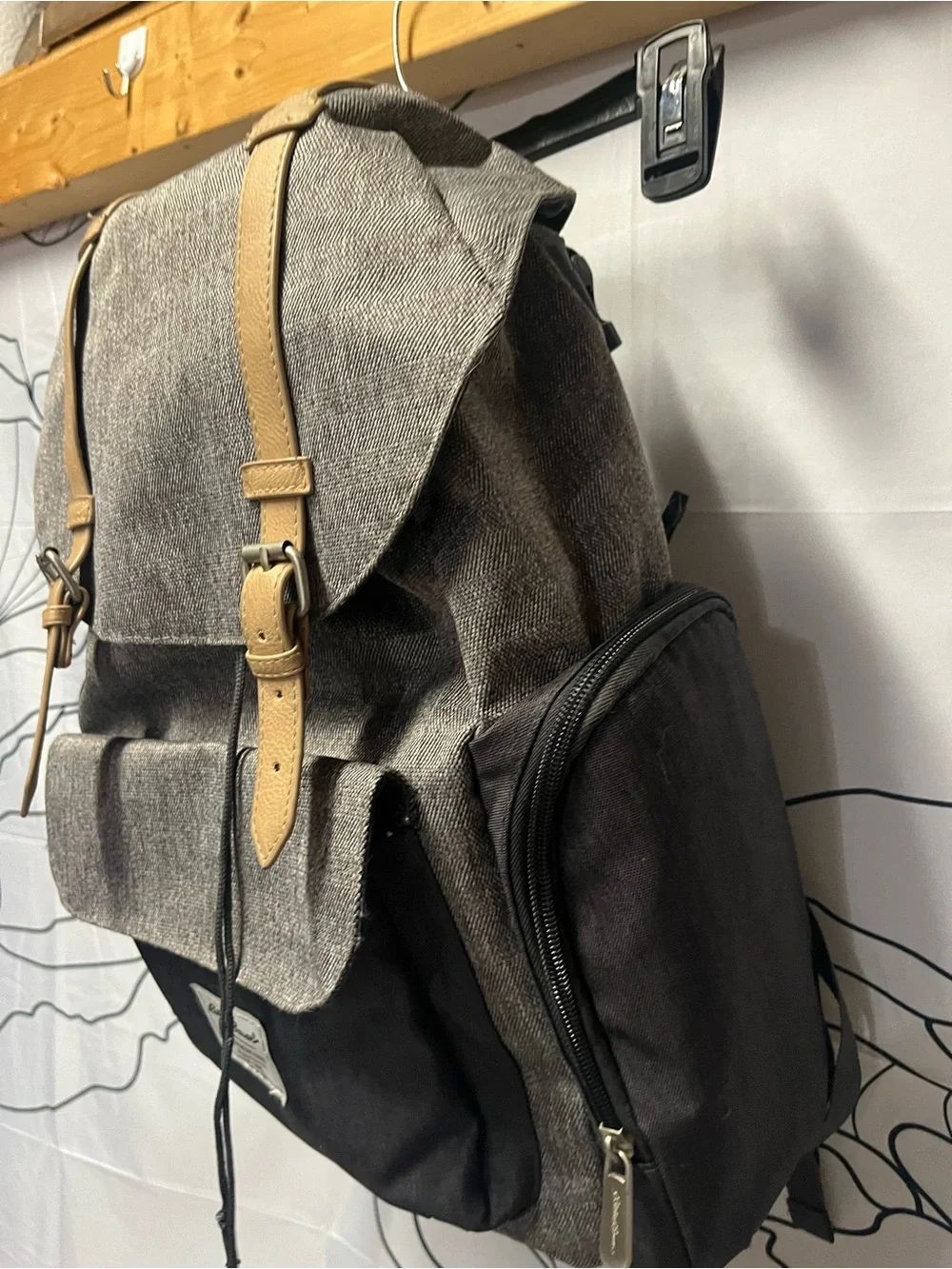 Eddie Bauer First Adventure Gray & Tan Herringbone Diaper Bag Backpack (rack)